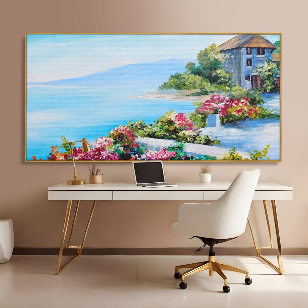 Tablou canvas cu tablou pictura cu flori si mare, in rama de aluminiu auriu, pe perete intr-un birou